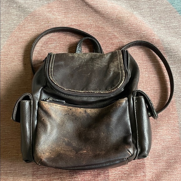 Vintage Genuine Leather 90s Y2K Brown Backpack - Picture 1 of 16
